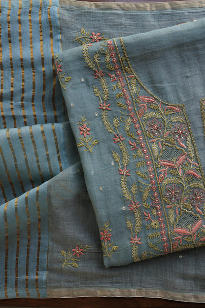 Turquoise Grey Shade Tissue Silk Chikankari Unstitched Fabric