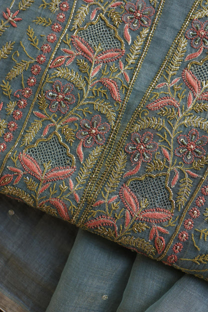 Turquoise Grey Shade Tissue Silk Chikankari Unstitched Fabric