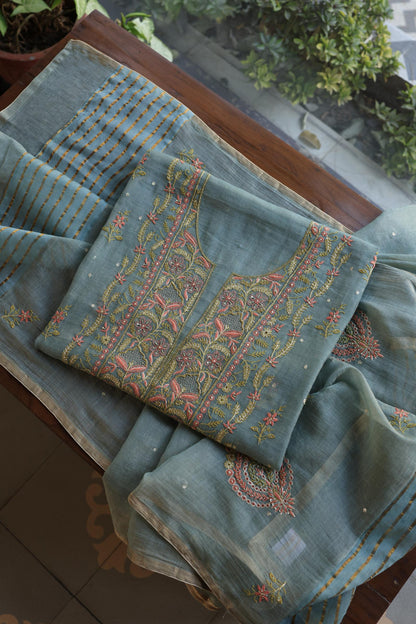Turquoise Grey Shade Tissue Silk Chikankari Unstitched Fabric