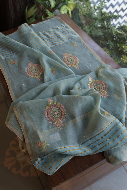 Turquoise Grey Shade Tissue Silk Chikankari Unstitched Fabric