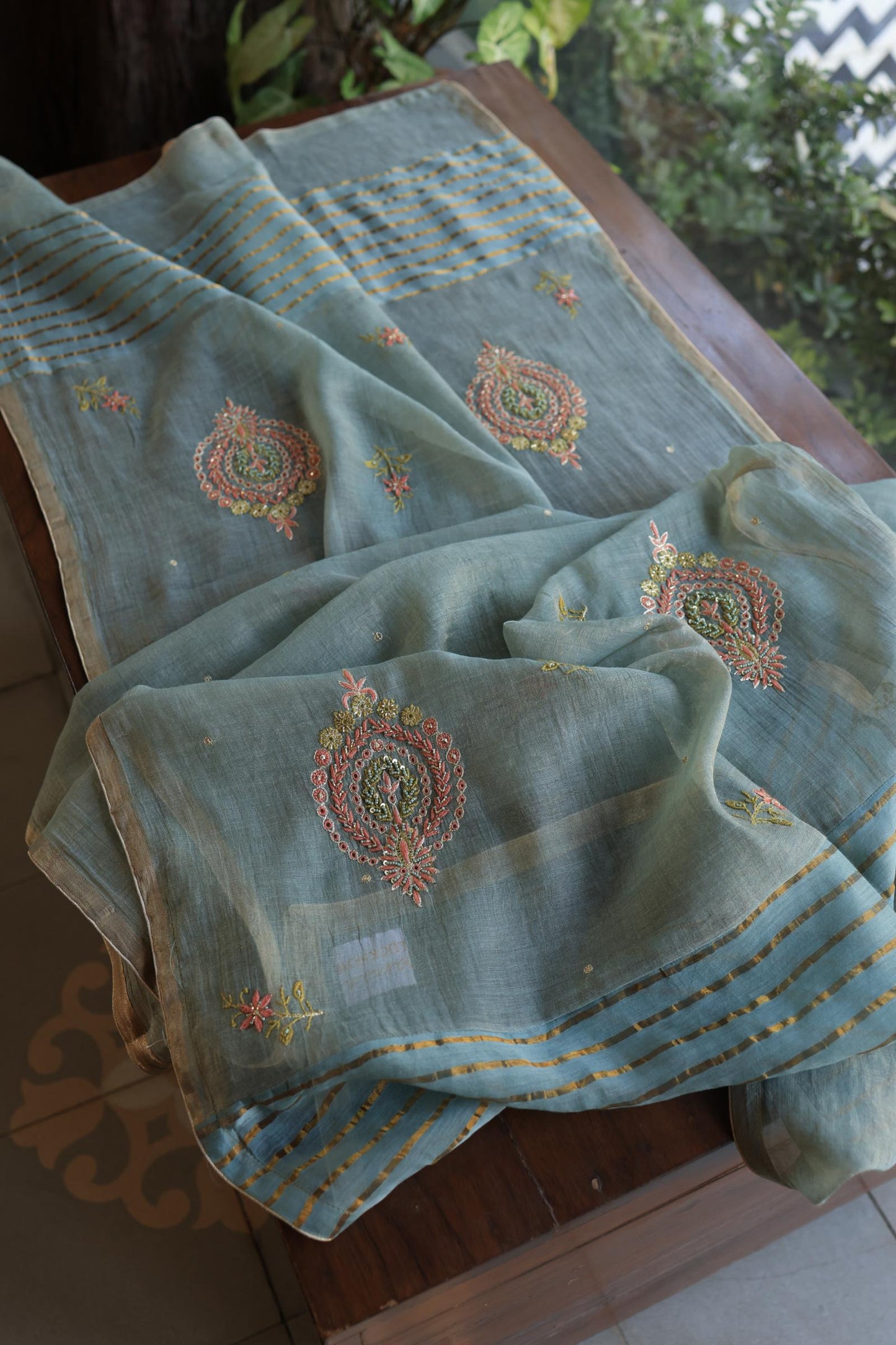 Turquoise Grey Shade Tissue Silk Chikankari Unstitched Fabric