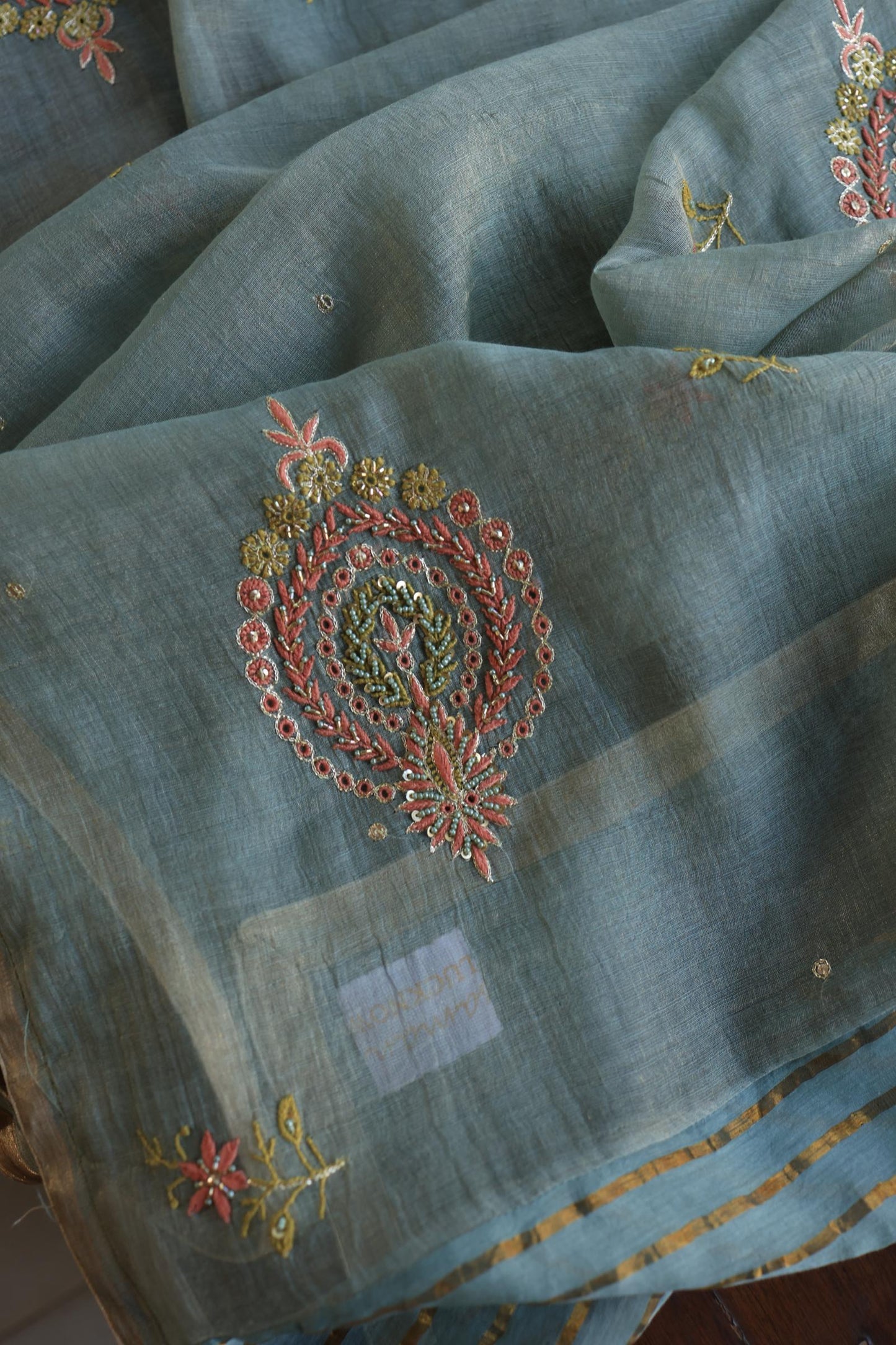 Turquoise Grey Shade Tissue Silk Chikankari Unstitched Fabric