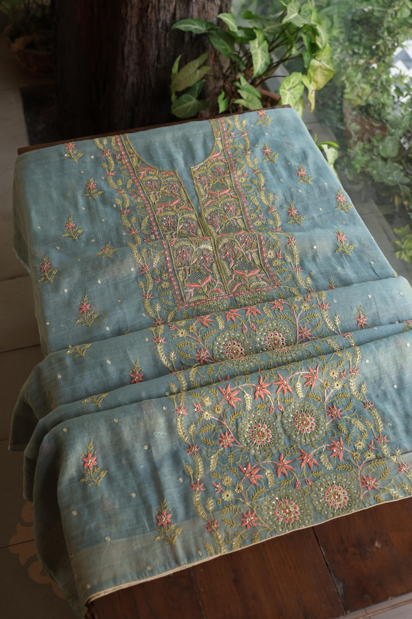 Turquoise Grey Shade Tissue Silk Chikankari Unstitched Fabric