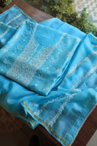 Turquoise Blue Rasm Kota Tussar Chikankari Unstitched Chikankari Fabric