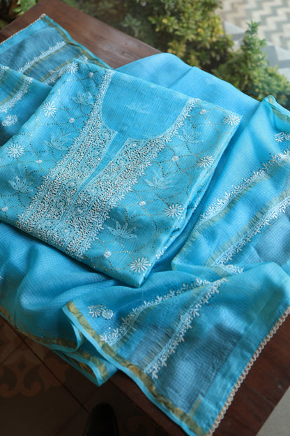 Turquoise Blue Rasm Kota Tussar Chikankari Unstitched Chikankari Fabric
