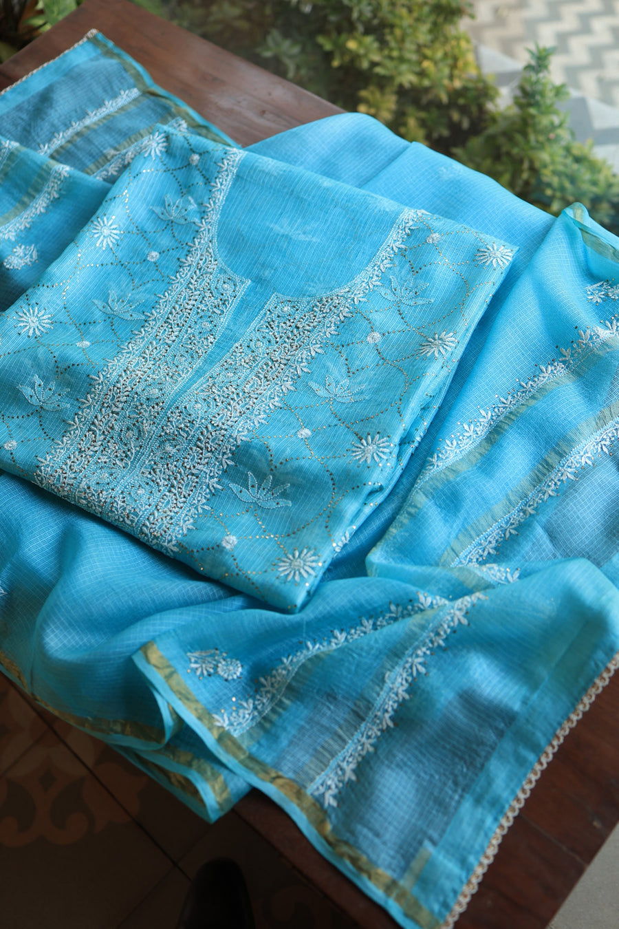 Turquoise Blue Rasm Kota Tussar Chikankari Unstitched Chikankari Fabric