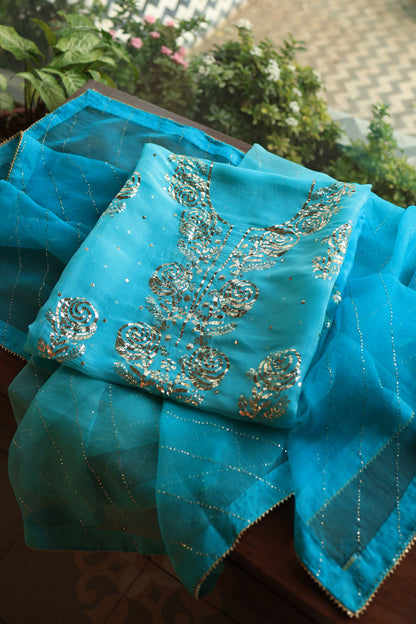 Turquoise blue Noor Organza Silk Chikankari Unstitched Kurta Dupatta Set