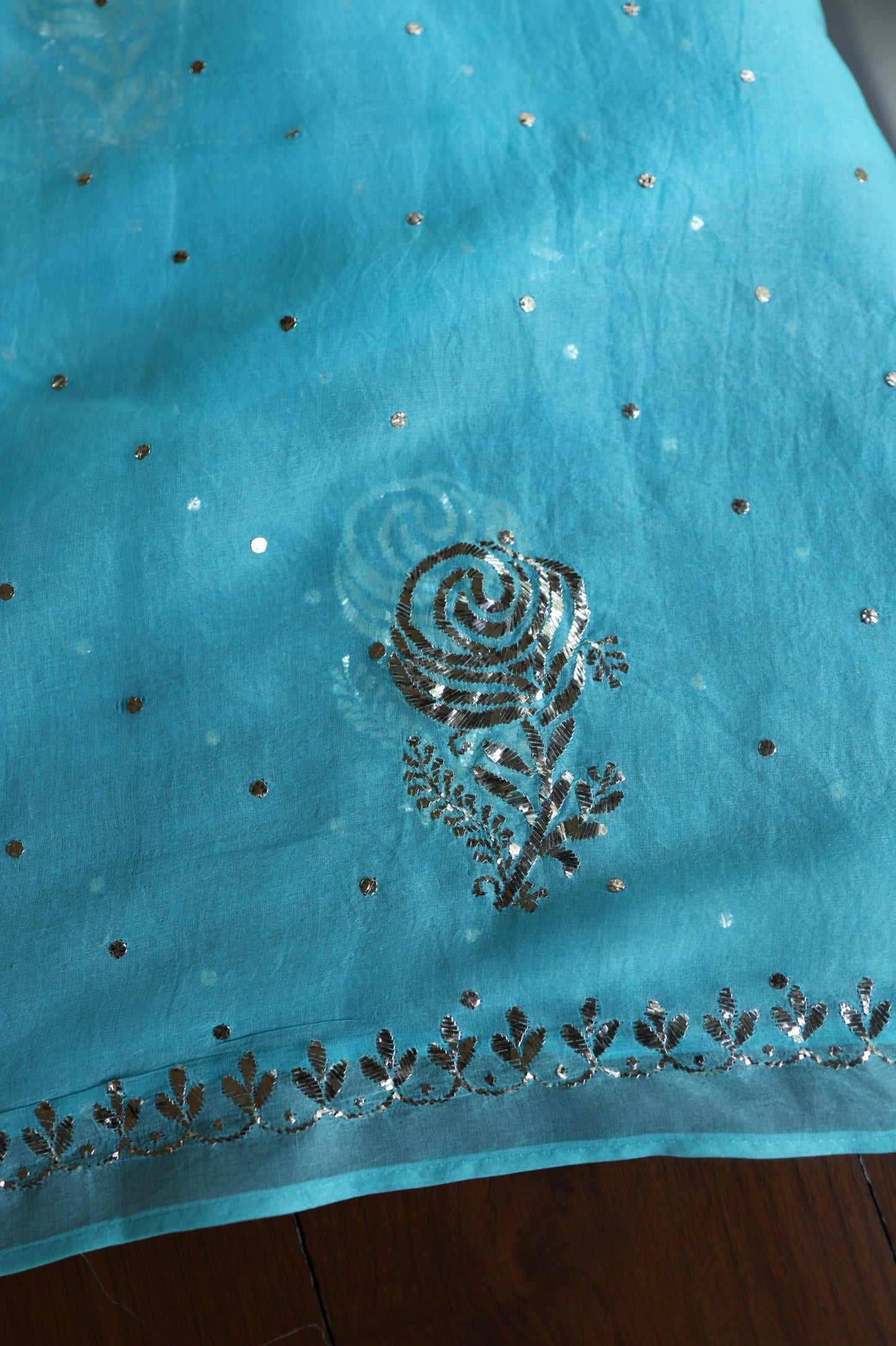 Turquoise blue Noor Organza Silk Chikankari Unstitched Kurta Dupatta Set