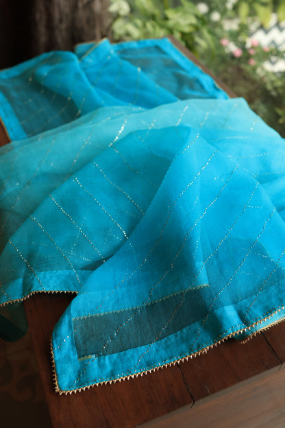 Turquoise blue Noor Organza Silk Chikankari Unstitched Kurta Dupatta Set