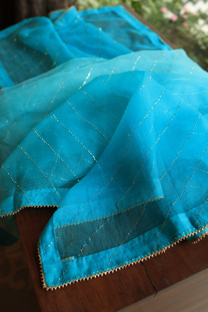 Turquoise blue Noor Organza Silk Chikankari Unstitched Kurta Dupatta Set