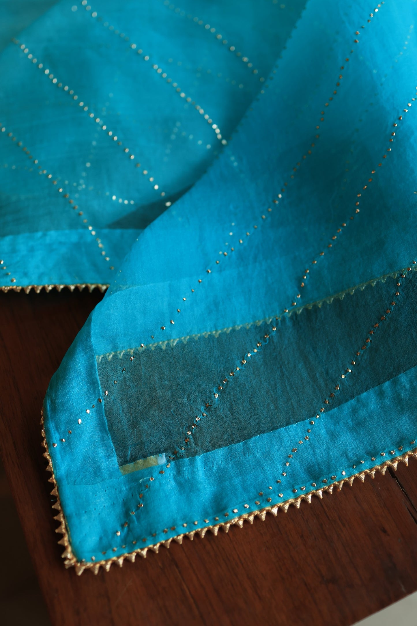 Turquoise blue Noor Organza Silk Chikankari Unstitched Kurta Dupatta Set