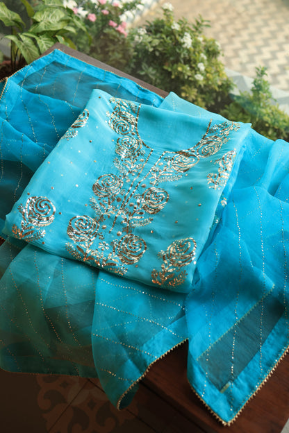 Turquoise blue Noor Organza Silk Chikankari Unstitched Kurta Dupatta Set