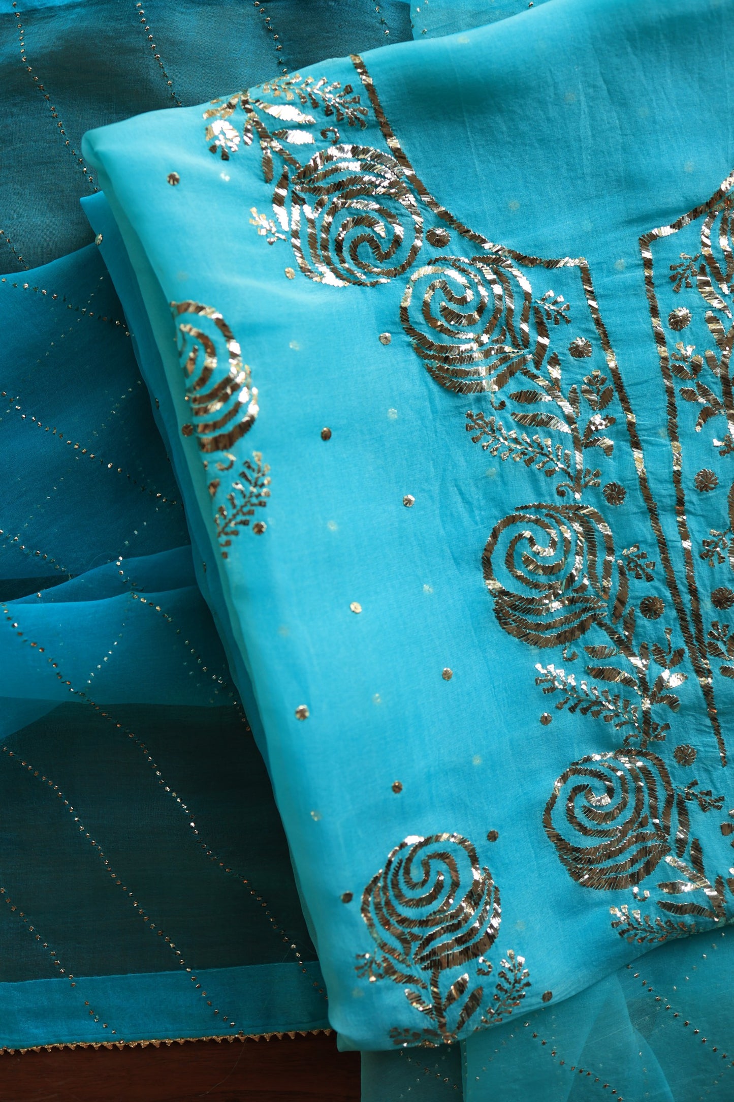 Turquoise blue Noor Organza Silk Chikankari Unstitched Kurta Dupatta Set