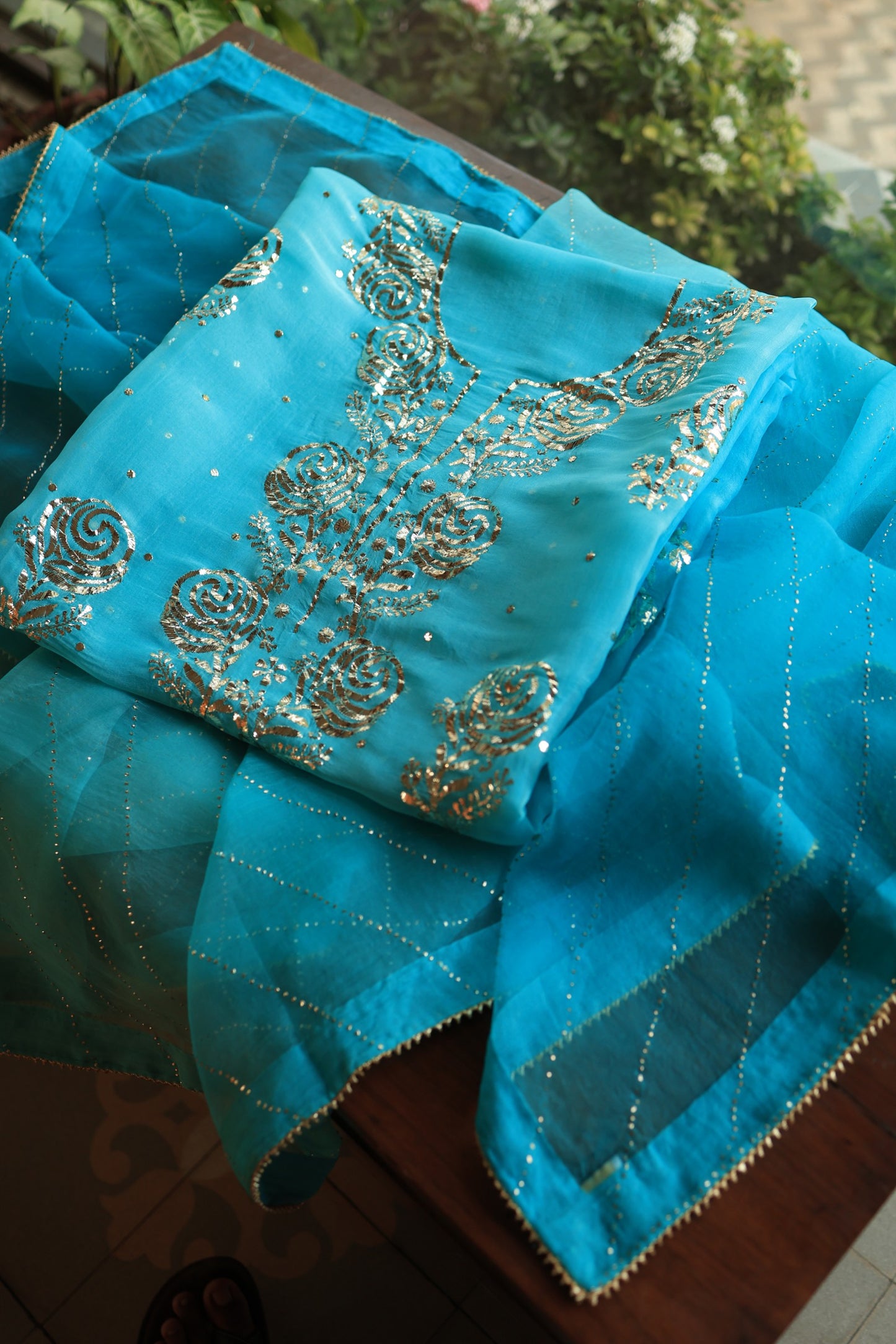 Turquoise blue Noor Organza Silk Chikankari Unstitched Kurta Dupatta Set