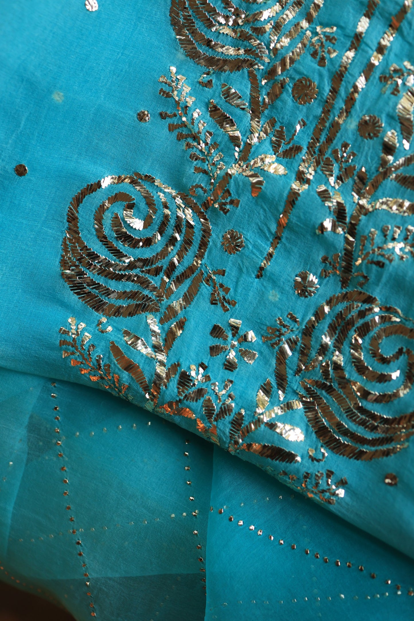 Turquoise blue Noor Organza Silk Chikankari Unstitched Kurta Dupatta Set