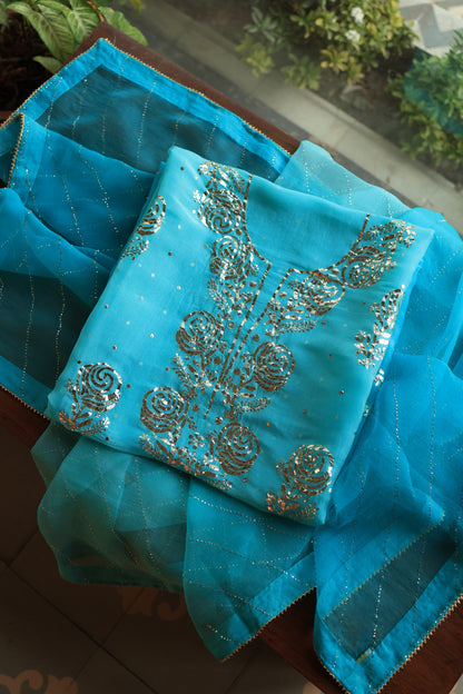 Turquoise blue Noor Organza Silk Chikankari Unstitched Kurta Dupatta Set