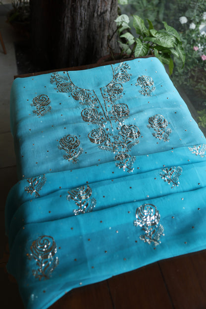 Turquoise blue Noor Organza Silk Chikankari Unstitched Kurta Dupatta Set