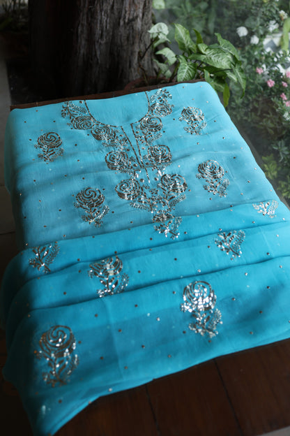 Turquoise blue Noor Organza Silk Chikankari Unstitched Kurta Dupatta Set