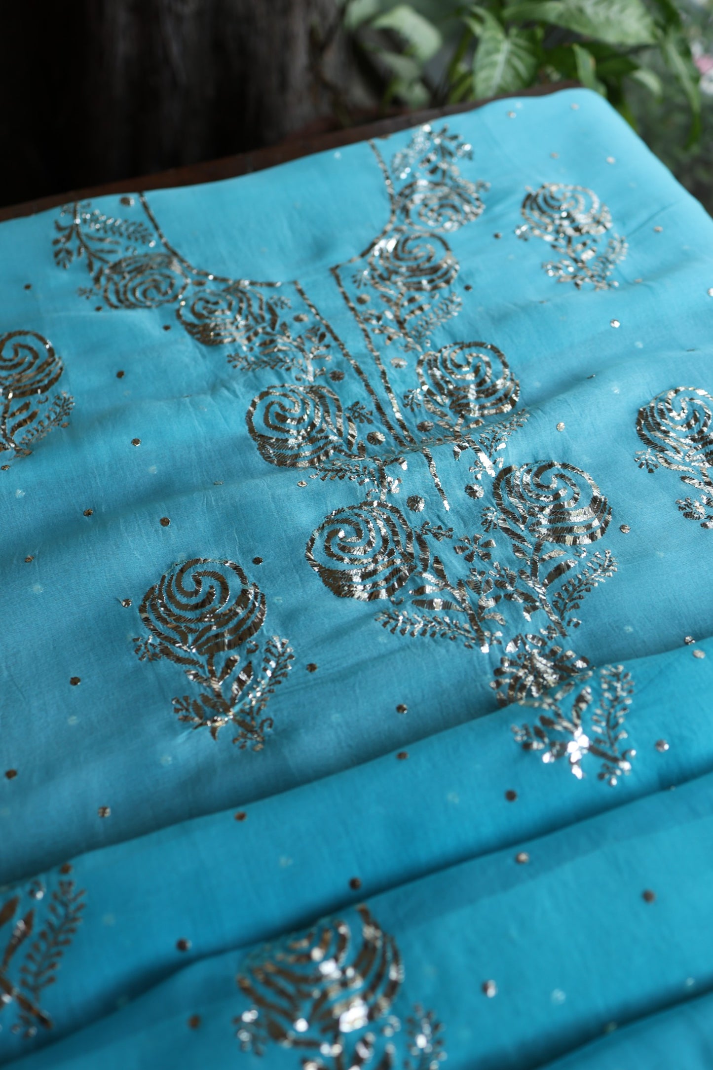 Turquoise blue Noor Organza Silk Chikankari Unstitched Kurta Dupatta Set