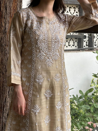 Tussar Silk Resham Chikankari Kurta