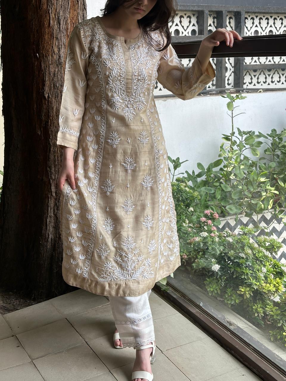 Tussar Silk Resham Chikankari Kurta