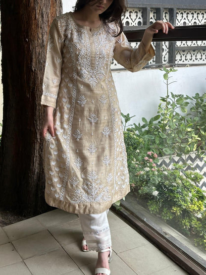 Tussar Silk Resham Chikankari Kurta