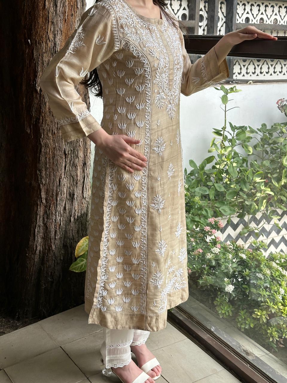 Tussar Silk Resham Chikankari Kurta