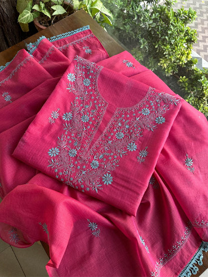 Vivid Burgundy Pink Kota Chikankari Unstitched Fabrics