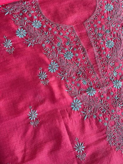Vivid Burgundy Pink Kota Chikankari Unstitched Fabrics