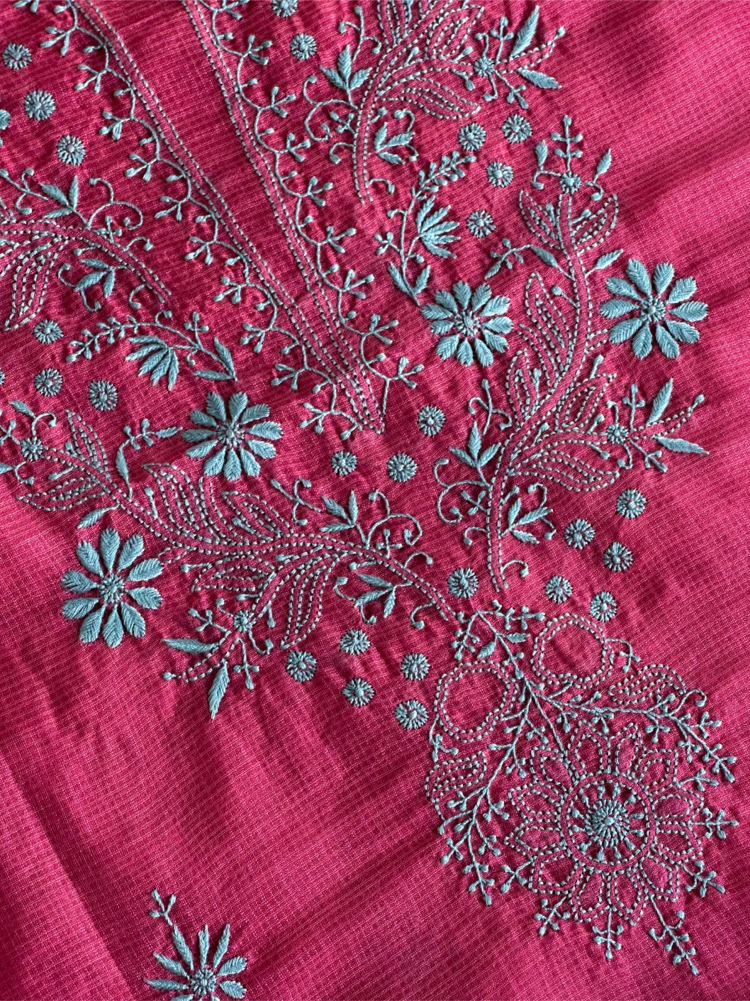 Vivid Burgundy Pink Kota Chikankari Unstitched Fabrics