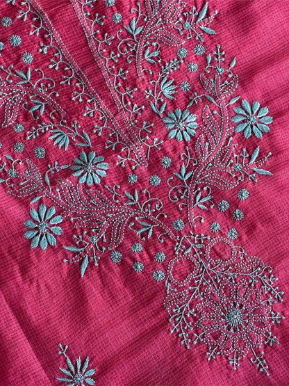 Vivid Burgundy Pink Kota Chikankari Unstitched Fabrics