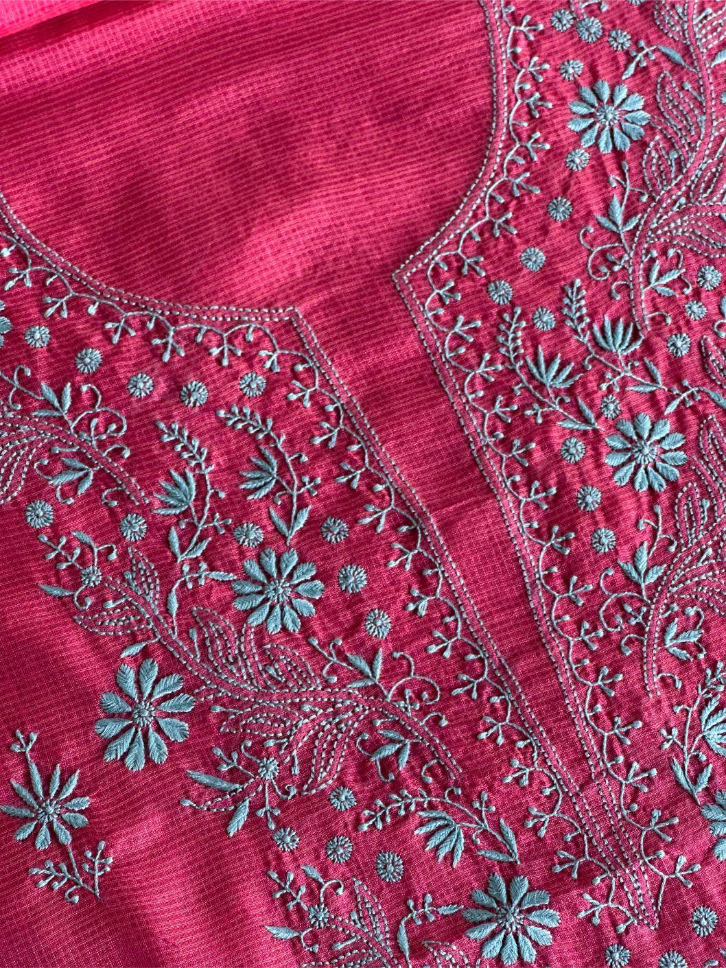 Vivid Burgundy Pink Kota Chikankari Unstitched Fabrics