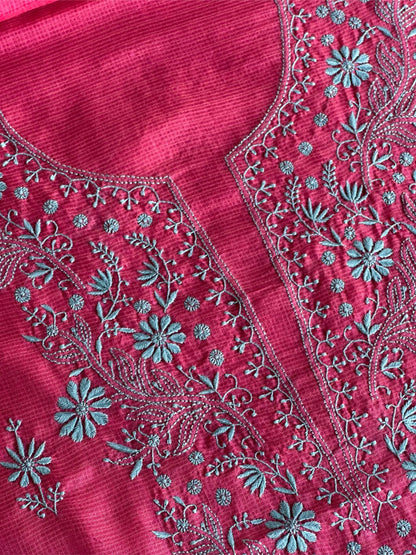 Vivid Burgundy Pink Kota Chikankari Unstitched Fabrics