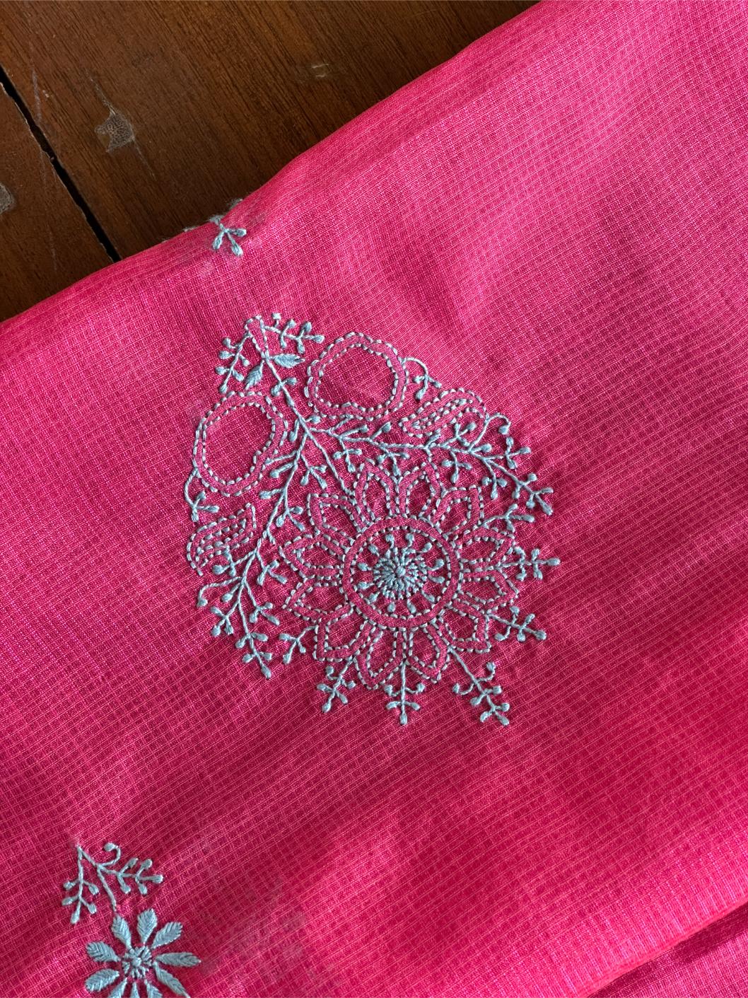 Vivid Burgundy Pink Kota Chikankari Unstitched Fabrics