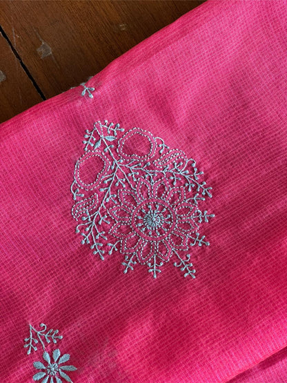 Vivid Burgundy Pink Kota Chikankari Unstitched Fabrics
