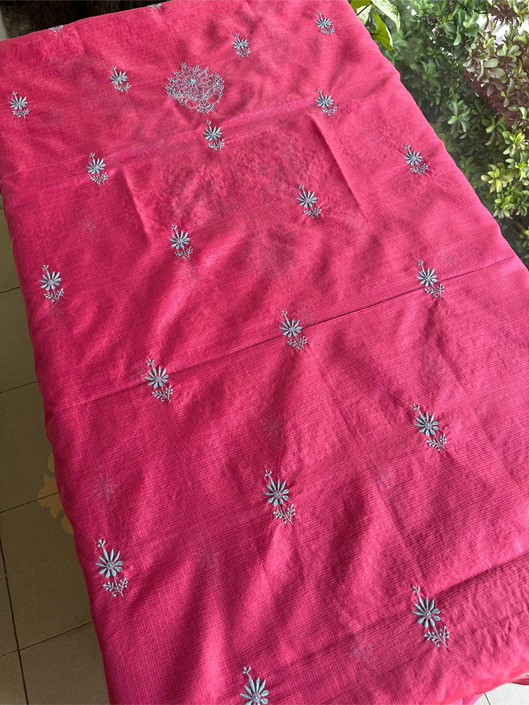 Vivid Burgundy Pink Kota Chikankari Unstitched Fabrics