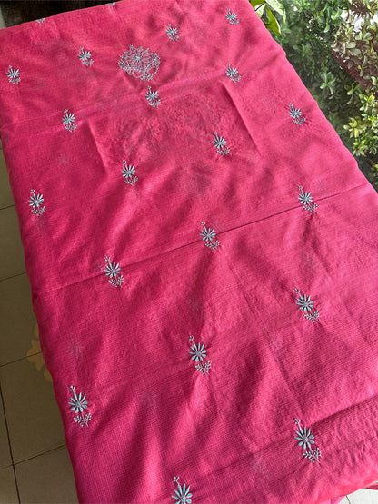 Vivid Burgundy Pink Kota Chikankari Unstitched Fabrics