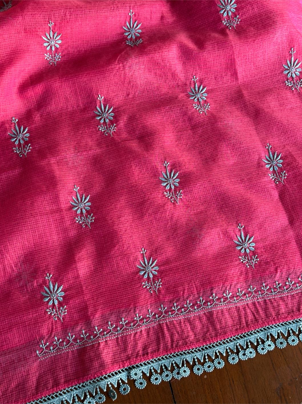 Vivid Burgundy Pink Kota Chikankari Unstitched Fabrics