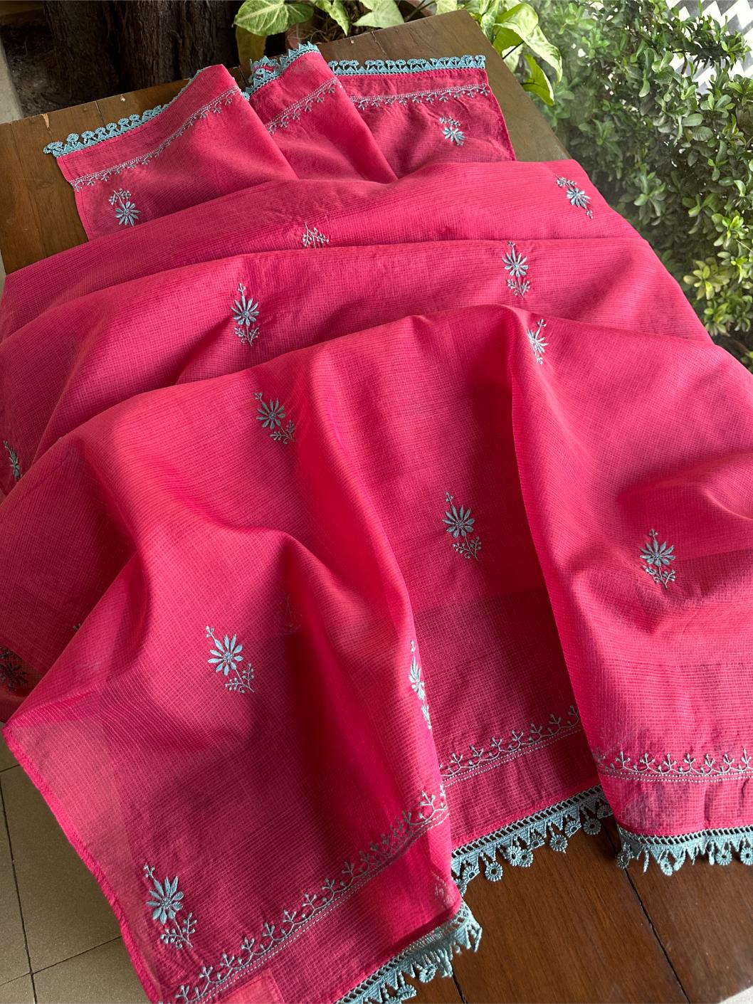 Vivid Burgundy Pink Kota Chikankari Unstitched Fabrics
