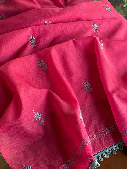 Vivid Burgundy Pink Kota Chikankari Unstitched Fabrics