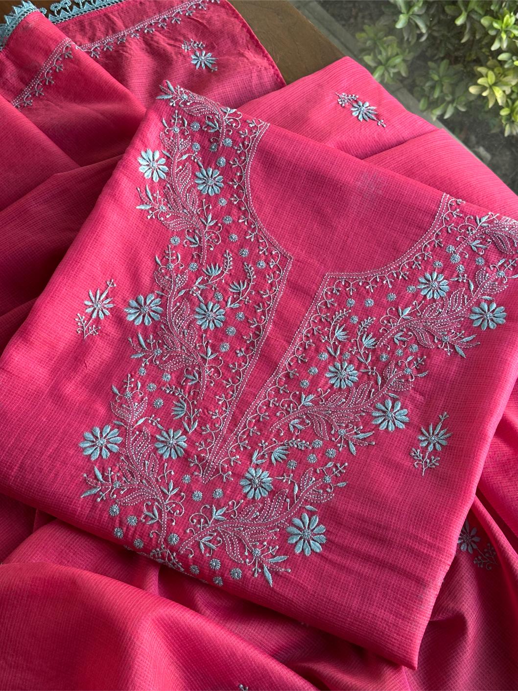 Vivid Burgundy Pink Kota Chikankari Unstitched Fabrics