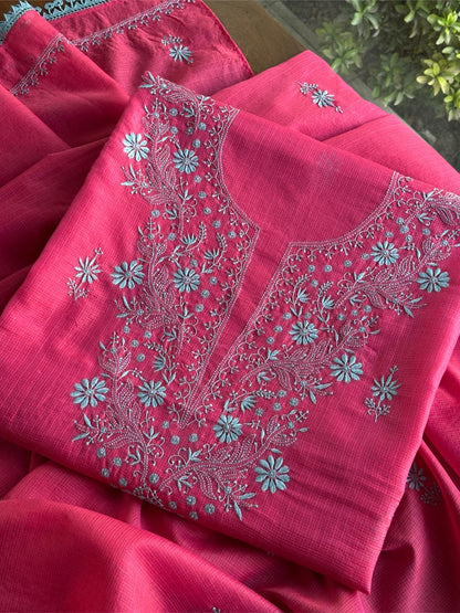 Vivid Burgundy Pink Kota Chikankari Unstitched Fabrics