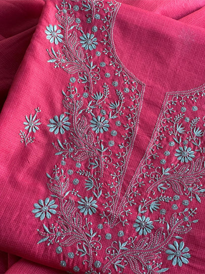 Vivid Burgundy Pink Kota Chikankari Unstitched Fabrics