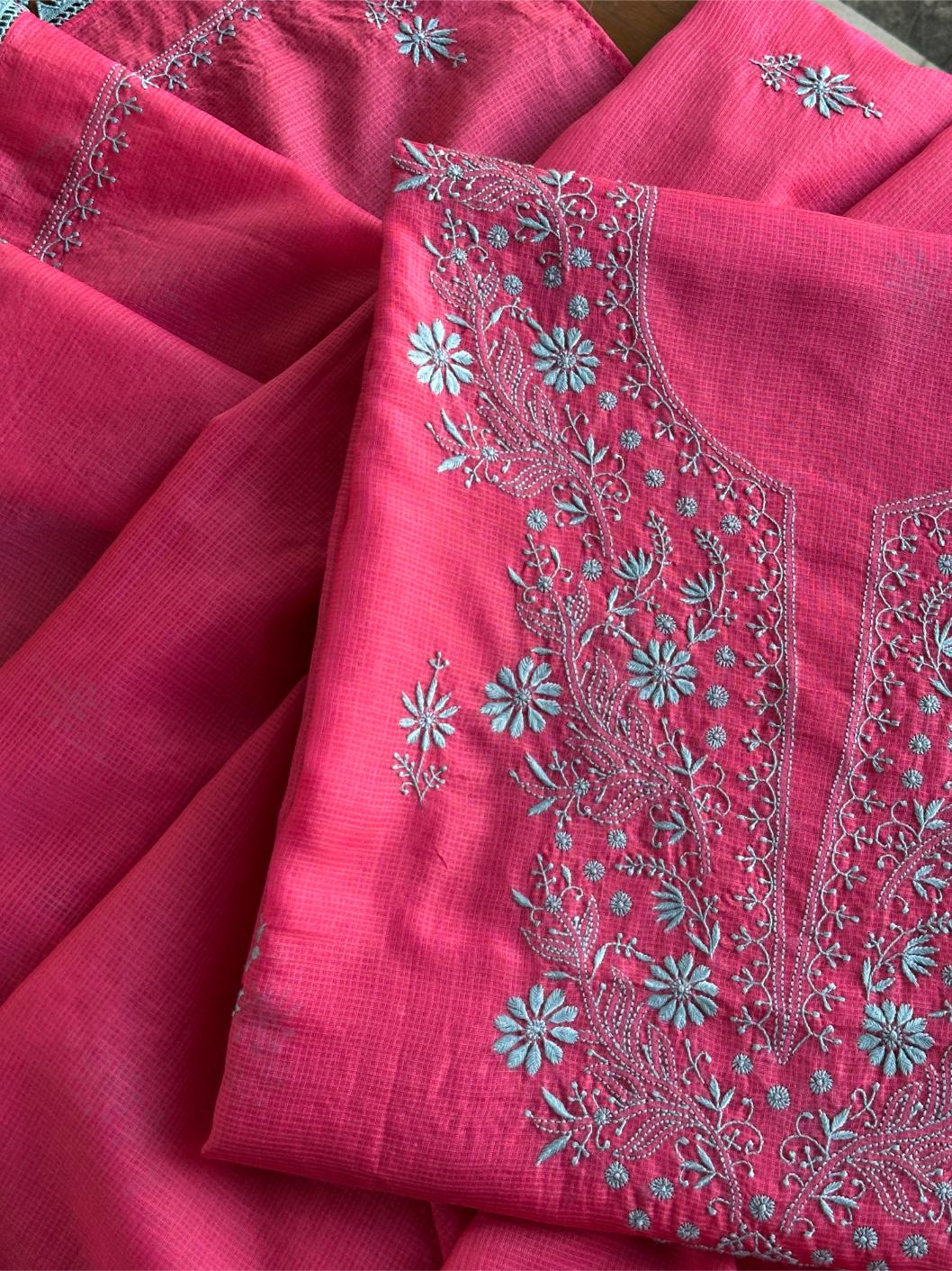 Vivid Burgundy Pink Kota Chikankari Unstitched Fabrics