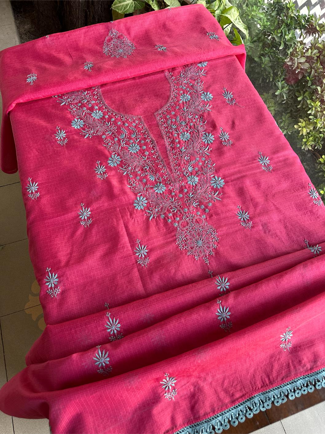 Vivid Burgundy Pink Kota Chikankari Unstitched Fabrics