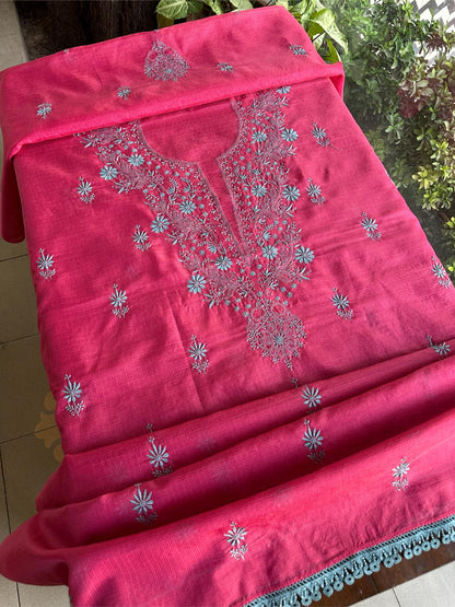 Vivid Burgundy Pink Kota Chikankari Unstitched Fabrics