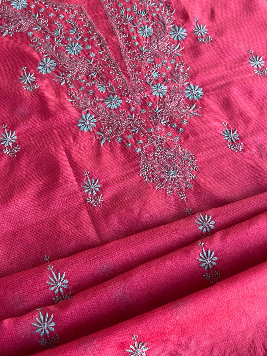 Vivid Burgundy Pink Kota Chikankari Unstitched Fabrics