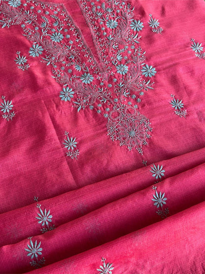 Vivid Burgundy Pink Kota Chikankari Unstitched Fabrics