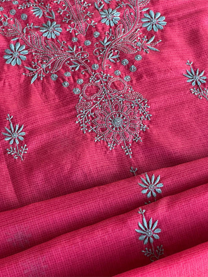 Vivid Burgundy Pink Kota Chikankari Unstitched Fabrics