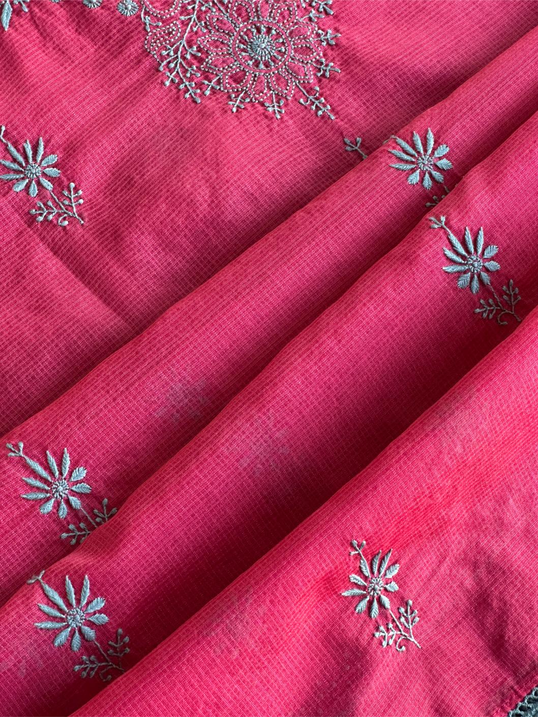 Vivid Burgundy Pink Kota Chikankari Unstitched Fabrics
